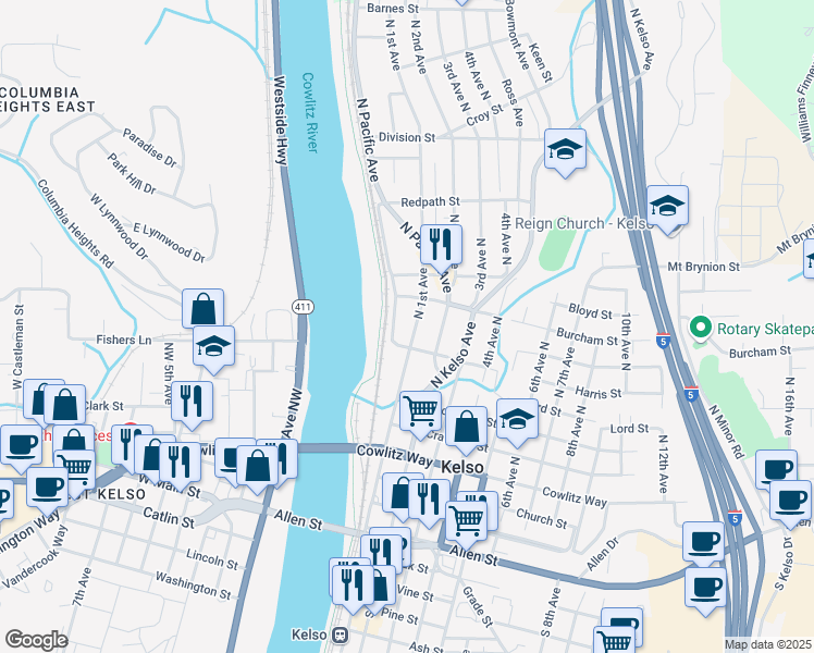 map of restaurants, bars, coffee shops, grocery stores, and more near 806 North 1st Avenue in Kelso