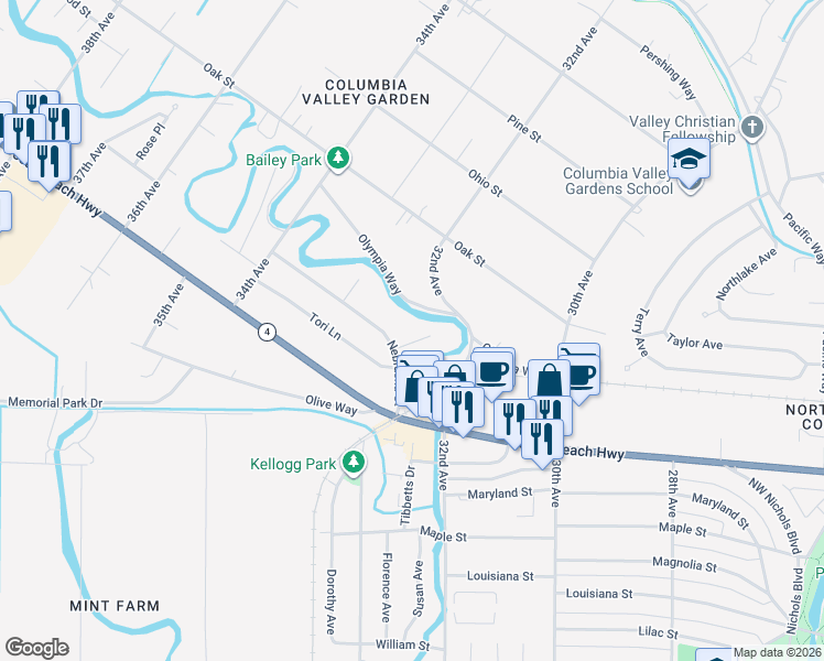 map of restaurants, bars, coffee shops, grocery stores, and more near 3280 Nebraska Street in Longview