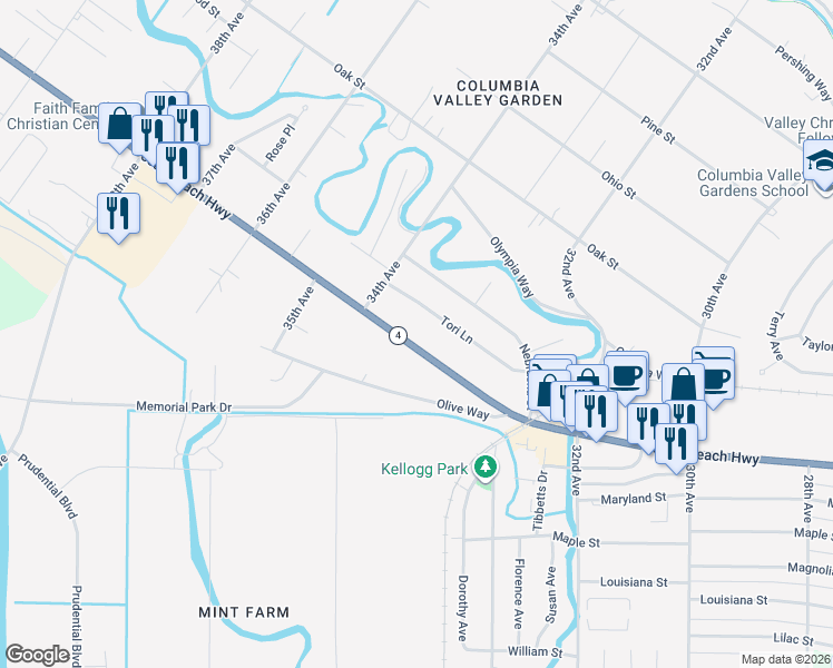 map of restaurants, bars, coffee shops, grocery stores, and more near 3355 Washington 4 in Longview