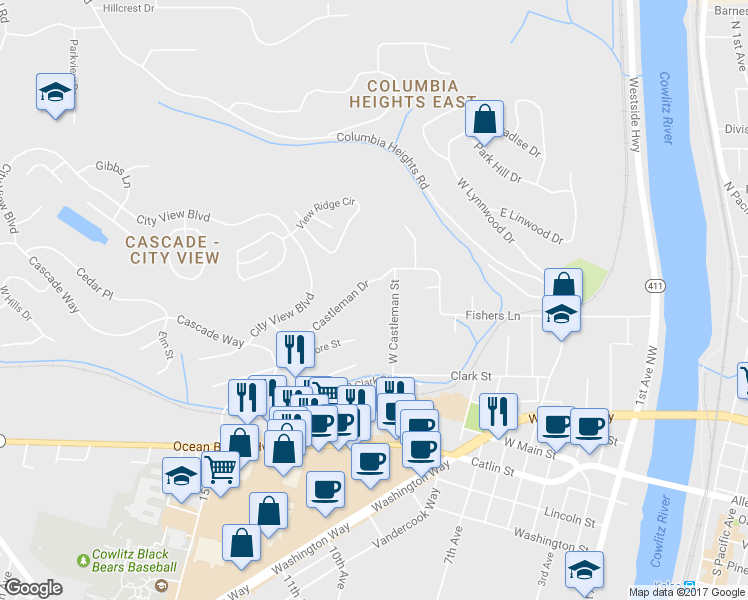 map of restaurants, bars, coffee shops, grocery stores, and more near 2337 West Castleman Street in Longview