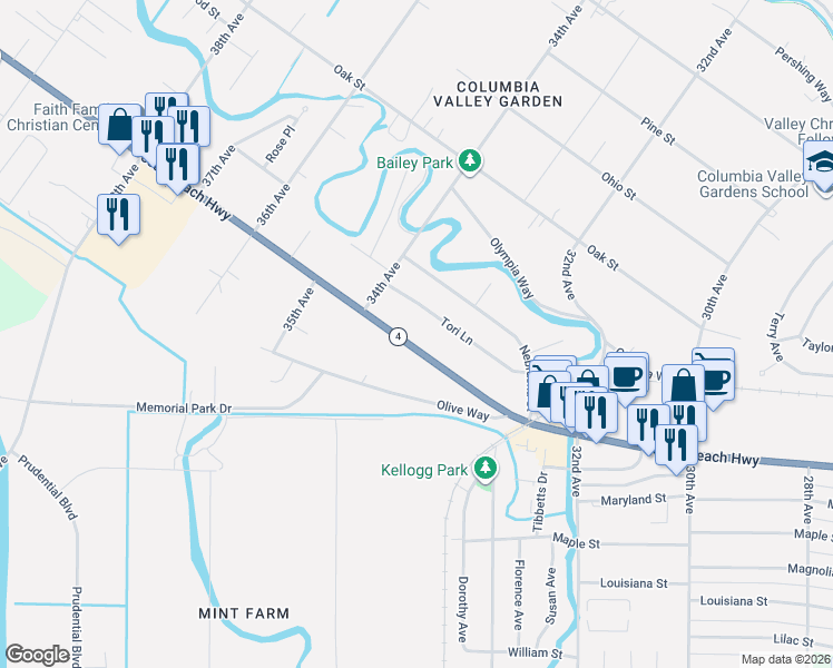 map of restaurants, bars, coffee shops, grocery stores, and more near 3355 Washington 4 in Longview