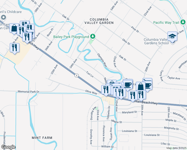 map of restaurants, bars, coffee shops, grocery stores, and more near 3326 Tori Lane in Longview