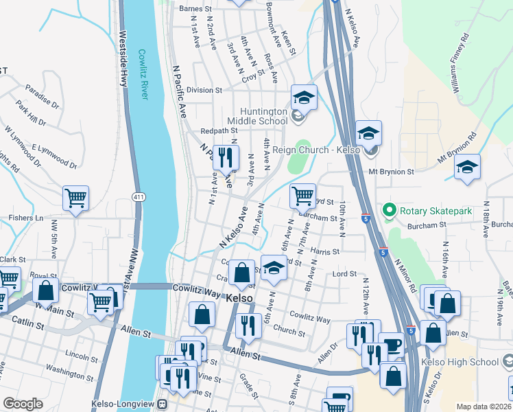 map of restaurants, bars, coffee shops, grocery stores, and more near 814 4th Avenue North in Kelso