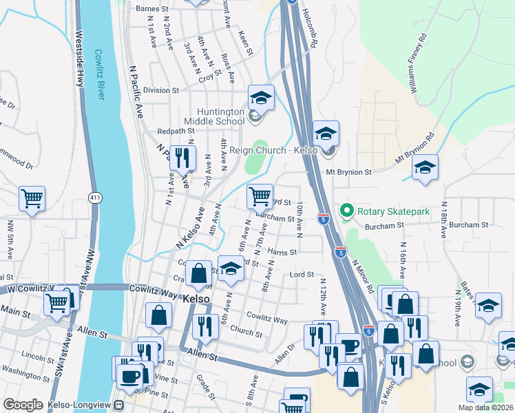 map of restaurants, bars, coffee shops, grocery stores, and more near 1002 North 6th Avenue in Kelso