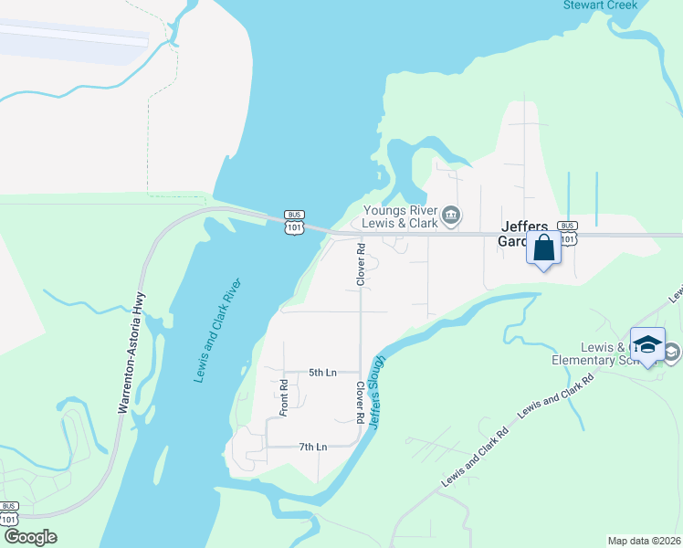 map of restaurants, bars, coffee shops, grocery stores, and more near 92330 Clover Road in Astoria