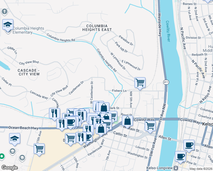 map of restaurants, bars, coffee shops, grocery stores, and more near 2340 East Castleman Street in Longview