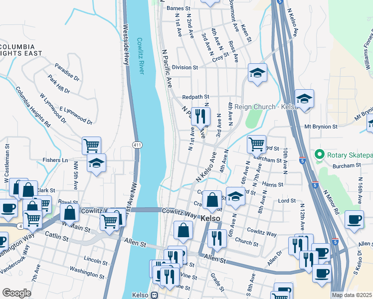 map of restaurants, bars, coffee shops, grocery stores, and more near 806 North 1st Avenue in Kelso