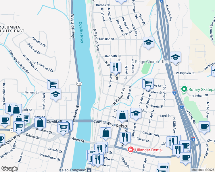 map of restaurants, bars, coffee shops, grocery stores, and more near 806 North 1st Avenue in Kelso