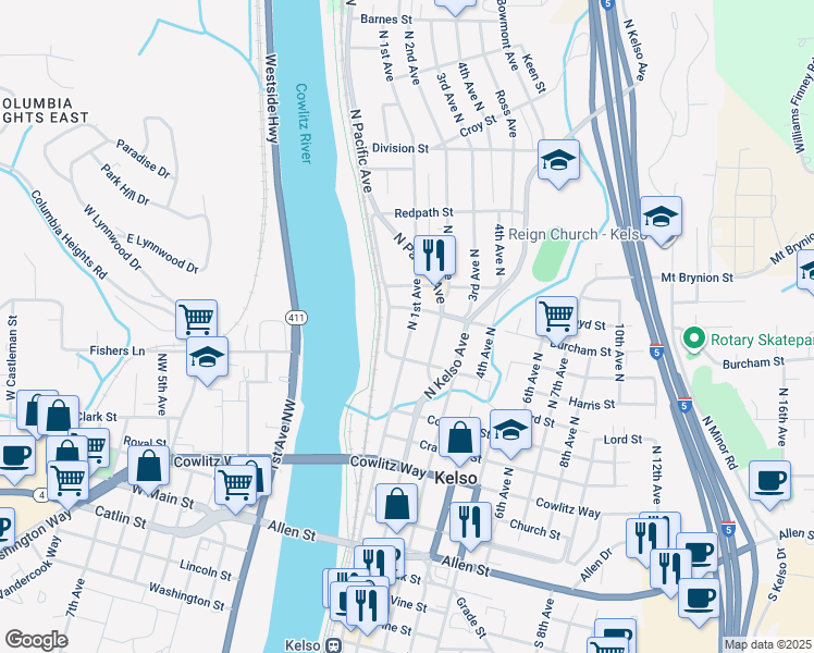 map of restaurants, bars, coffee shops, grocery stores, and more near 815 North 1st Avenue in Kelso