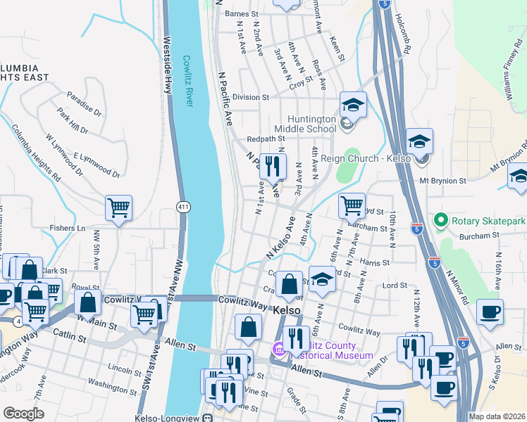 map of restaurants, bars, coffee shops, grocery stores, and more near 820 North 1st Avenue in Kelso