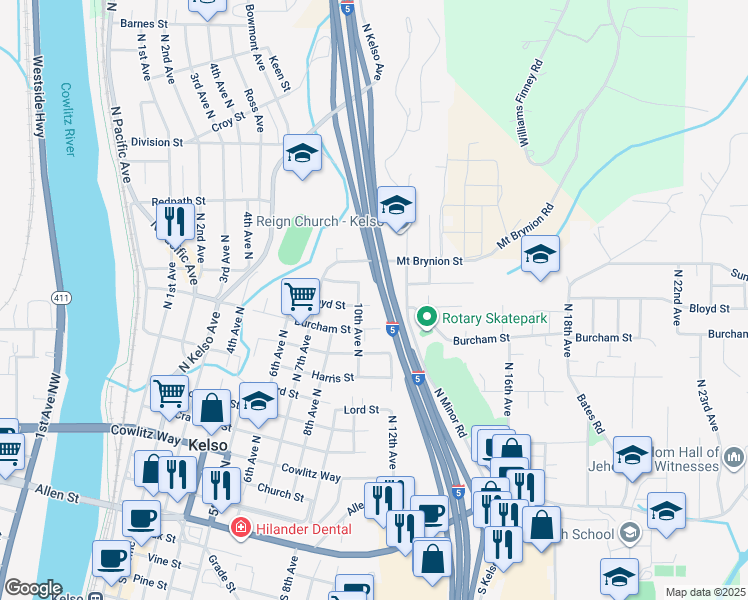 map of restaurants, bars, coffee shops, grocery stores, and more near 1005 Burcham Street in Kelso