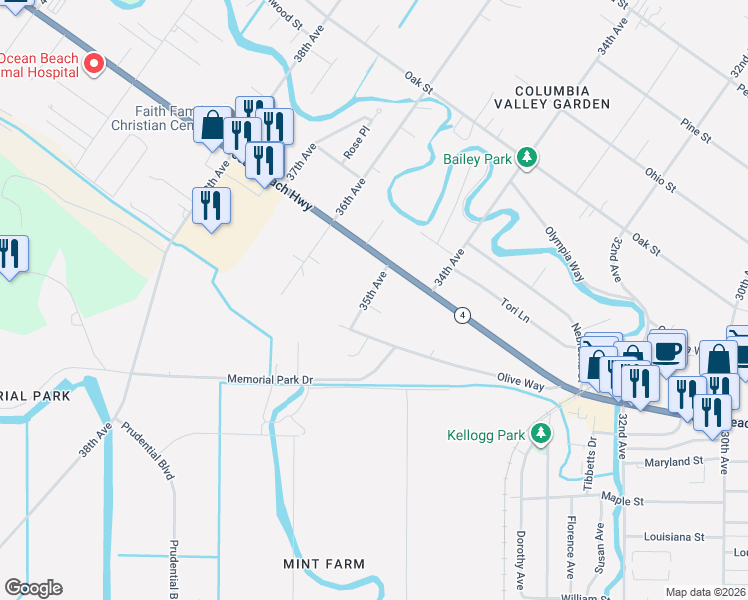 map of restaurants, bars, coffee shops, grocery stores, and more near 2016 35th Avenue in Longview