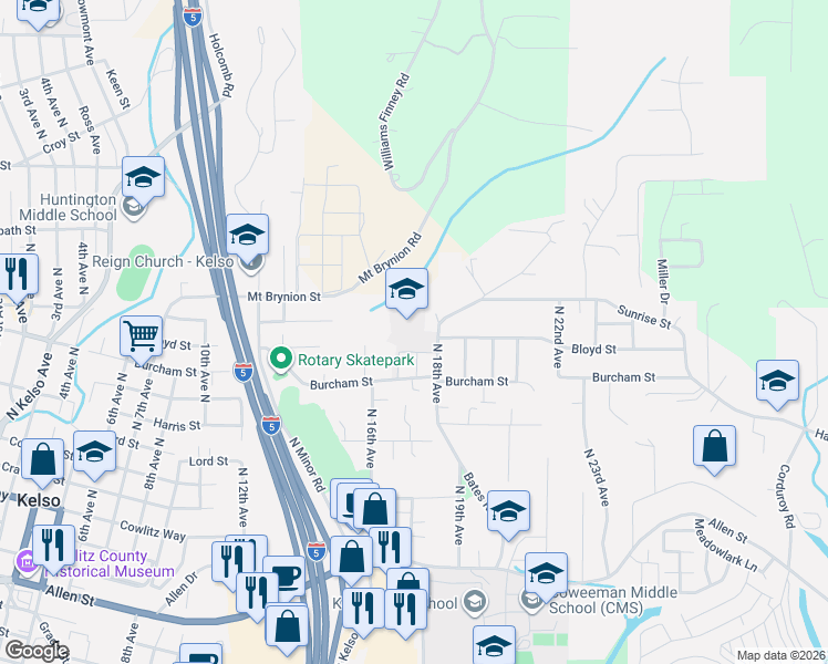 map of restaurants, bars, coffee shops, grocery stores, and more near 1107 North 18th Avenue in Kelso