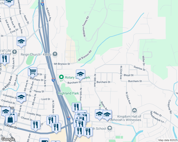 map of restaurants, bars, coffee shops, grocery stores, and more near 1609 Burcham Street in Kelso