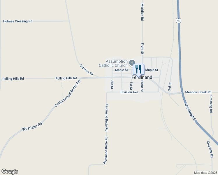 map of restaurants, bars, coffee shops, grocery stores, and more near 641 Main Street in Ferdinand