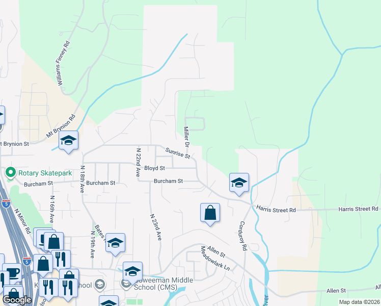 map of restaurants, bars, coffee shops, grocery stores, and more near 1209 Miller Drive in Kelso