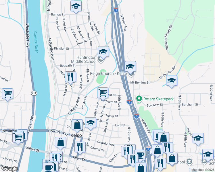 map of restaurants, bars, coffee shops, grocery stores, and more near 1111 North 7th Avenue in Kelso