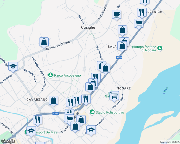 map of restaurants, bars, coffee shops, grocery stores, and more near 29 Via Tito Livio Burattini in Belluno