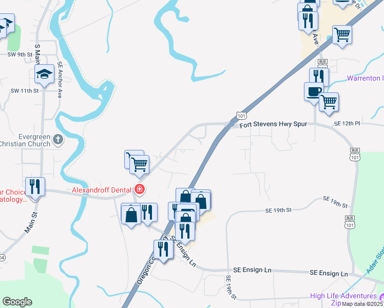 map of restaurants, bars, coffee shops, grocery stores, and more near 790 Southeast 13th Place in Warrenton
