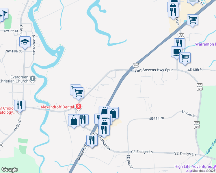 map of restaurants, bars, coffee shops, grocery stores, and more near 790 Southeast 13th Place in Warrenton