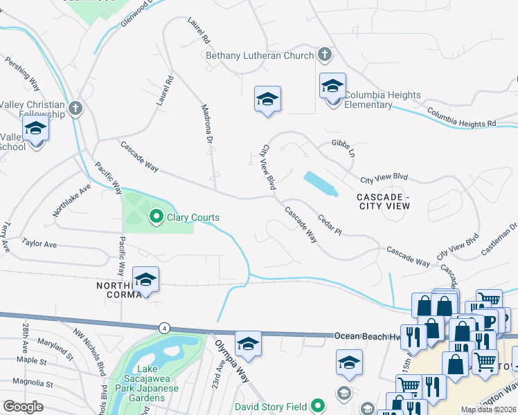 map of restaurants, bars, coffee shops, grocery stores, and more near 2347 Cascade Way in Longview
