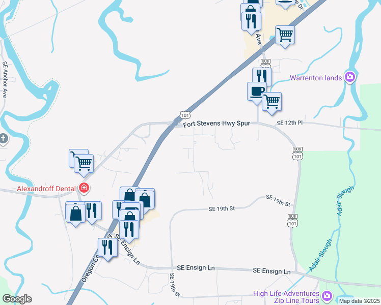 map of restaurants, bars, coffee shops, grocery stores, and more near 1345 Southeast Jetty Avenue in Warrenton