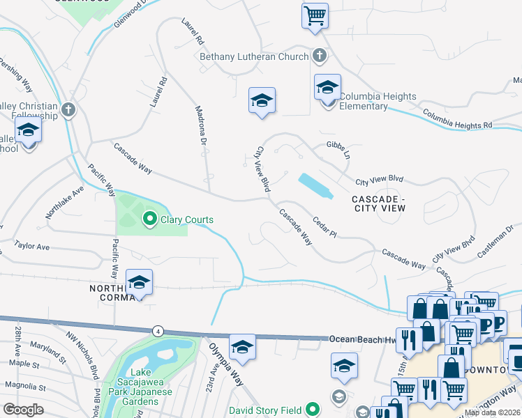 map of restaurants, bars, coffee shops, grocery stores, and more near 2347 Cascade Way in Longview