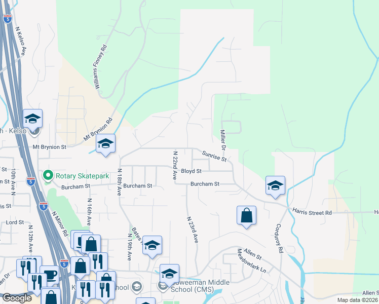 map of restaurants, bars, coffee shops, grocery stores, and more near 1109 North 23rd Avenue in Kelso