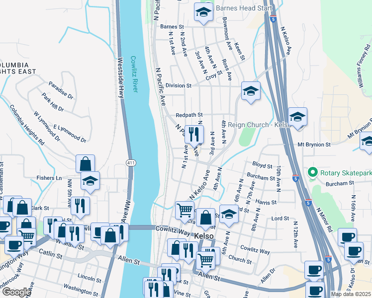 map of restaurants, bars, coffee shops, grocery stores, and more near 1098 North 1st Avenue in Kelso