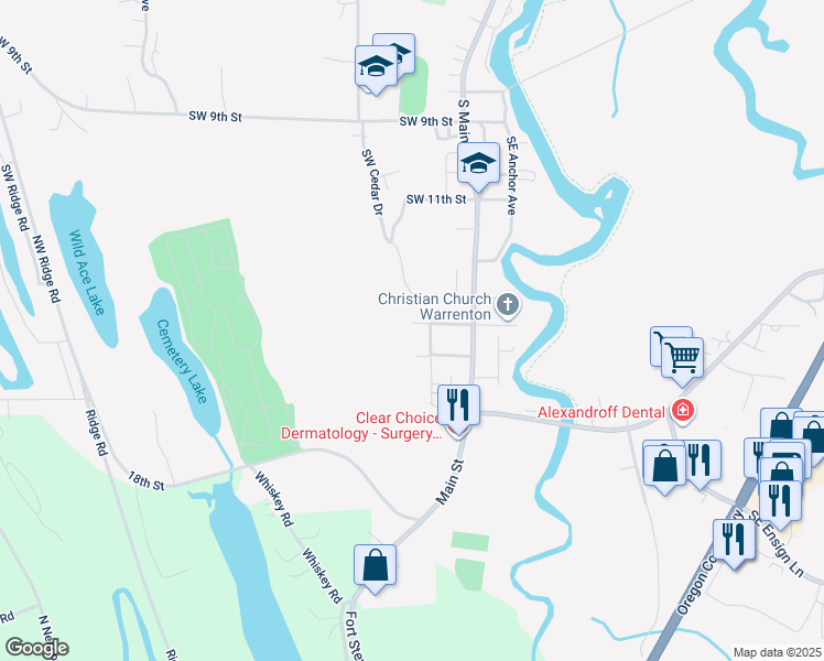 map of restaurants, bars, coffee shops, grocery stores, and more near 115 Southwest 14th Street in Warrenton