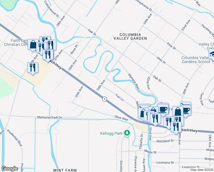 map of restaurants, bars, coffee shops, grocery stores, and more near 3378 Tori Lane in Longview