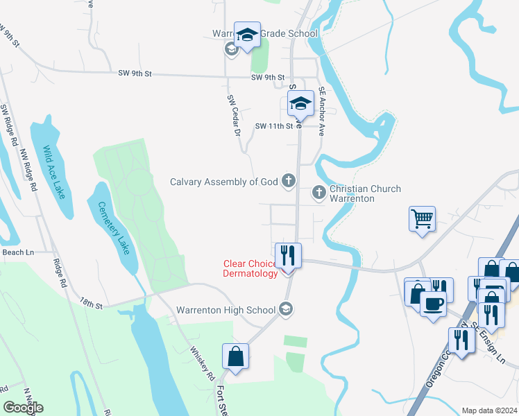 map of restaurants, bars, coffee shops, grocery stores, and more near 115 Southwest 14th Street in Warrenton