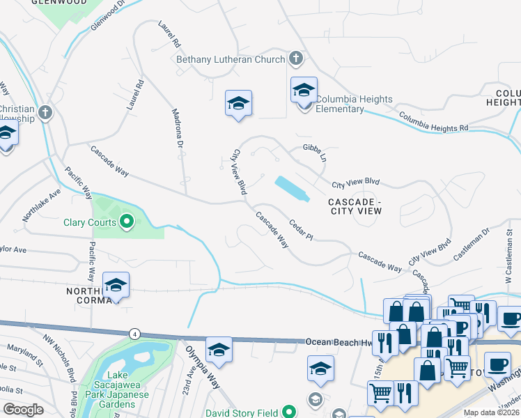 map of restaurants, bars, coffee shops, grocery stores, and more near 2326 Cascade Way in Longview