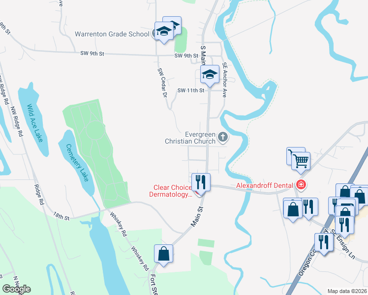map of restaurants, bars, coffee shops, grocery stores, and more near 105 Southwest 14th Street in Warrenton