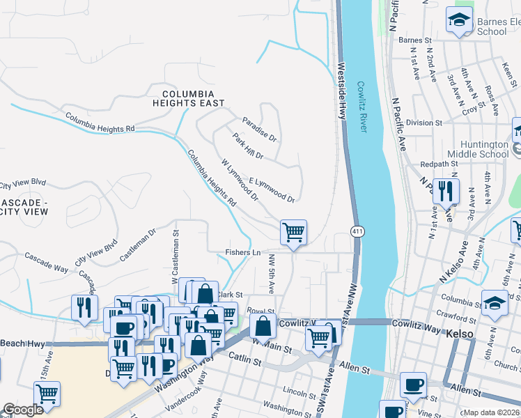 map of restaurants, bars, coffee shops, grocery stores, and more near 2307 West Lynnwood Drive in Longview