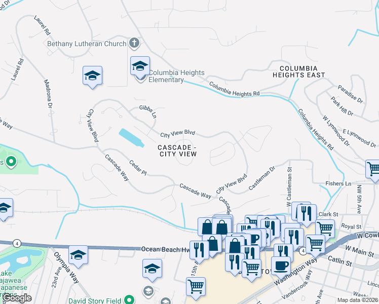 map of restaurants, bars, coffee shops, grocery stores, and more near 16 Forest Hill Estate in Longview