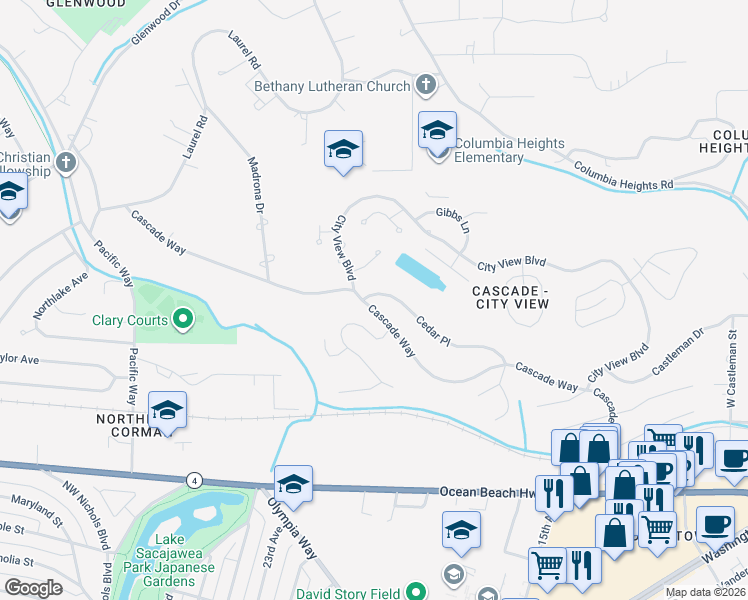 map of restaurants, bars, coffee shops, grocery stores, and more near 2326 Cascade Way in Longview
