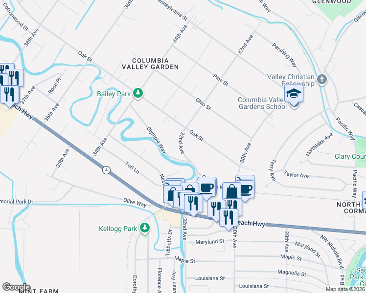 map of restaurants, bars, coffee shops, grocery stores, and more near 2325 32nd Avenue in Longview