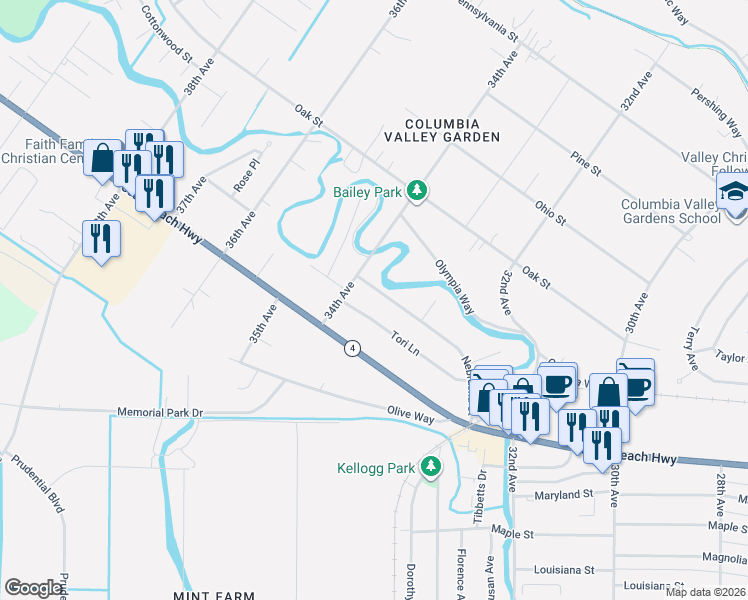 map of restaurants, bars, coffee shops, grocery stores, and more near 3378 Tori Lane in Longview