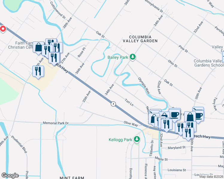 map of restaurants, bars, coffee shops, grocery stores, and more near 3378 Tori Lane in Longview