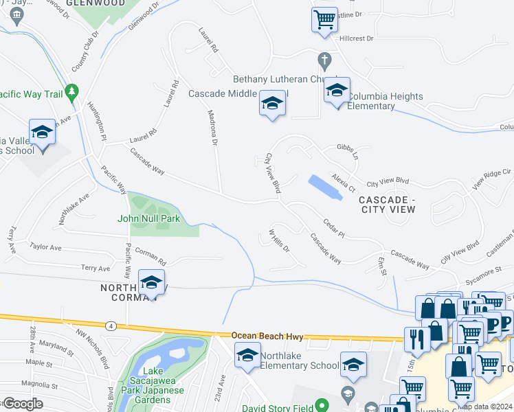 map of restaurants, bars, coffee shops, grocery stores, and more near 2357 Cascade Way in Longview