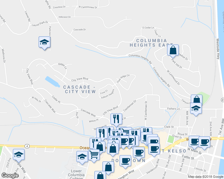map of restaurants, bars, coffee shops, grocery stores, and more near 65 Love Court in Longview