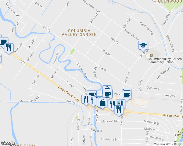 map of restaurants, bars, coffee shops, grocery stores, and more near 2325 32nd Avenue in Longview