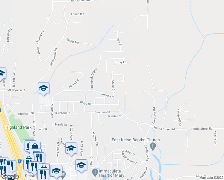map of restaurants, bars, coffee shops, grocery stores, and more near 1209 Miller Drive in Kelso