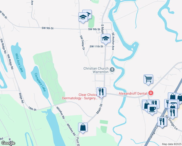map of restaurants, bars, coffee shops, grocery stores, and more near 115 Southwest 14th Street in Warrenton