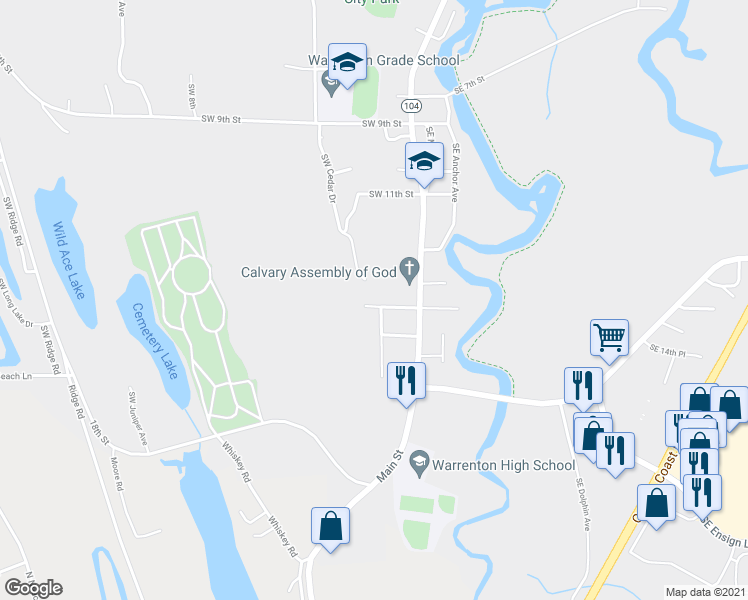 map of restaurants, bars, coffee shops, grocery stores, and more near 110 Southwest 14th Street in Warrenton