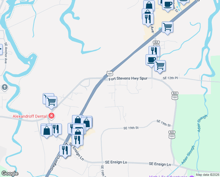 map of restaurants, bars, coffee shops, grocery stores, and more near 1345 Southeast Jetty Avenue in Warrenton