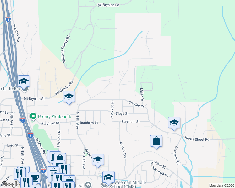 map of restaurants, bars, coffee shops, grocery stores, and more near 1109 North 23rd Avenue in Kelso