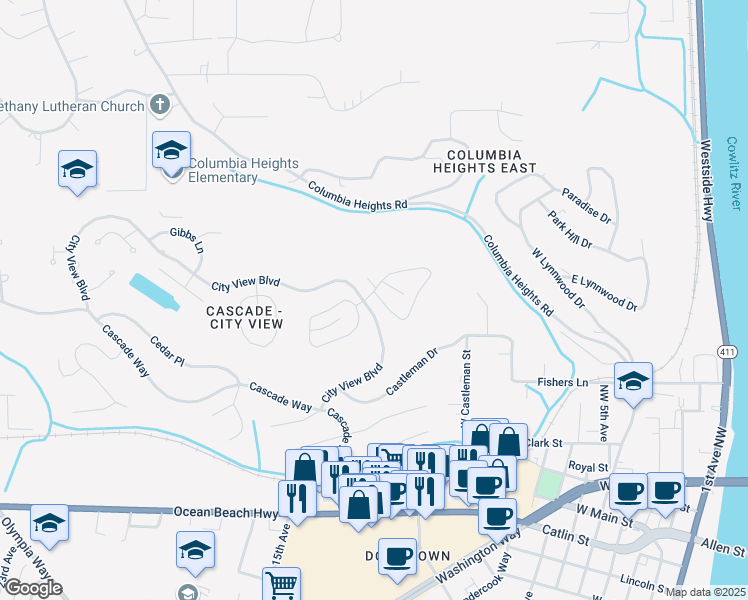 map of restaurants, bars, coffee shops, grocery stores, and more near 15 View Ridge Circle in Longview