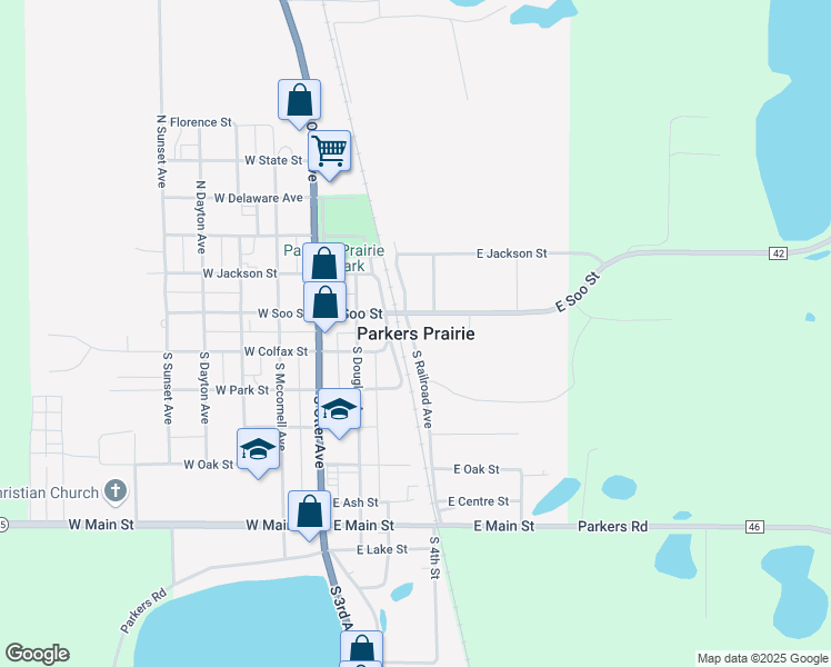 map of restaurants, bars, coffee shops, grocery stores, and more near in Parkers Prairie
